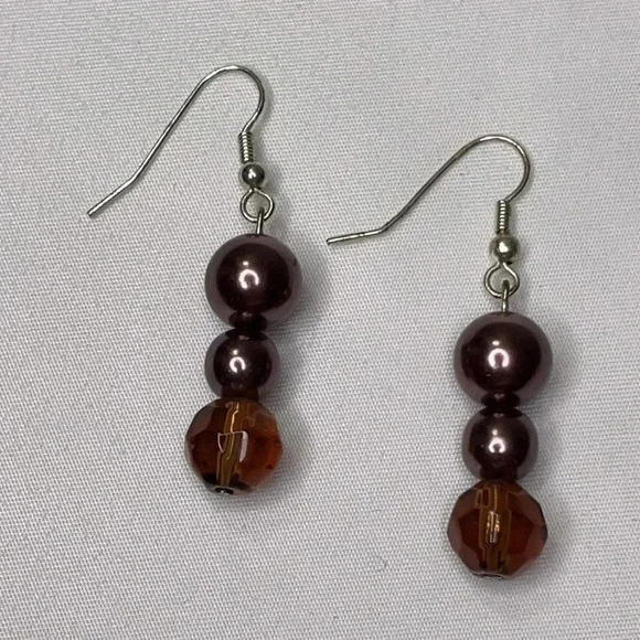 Triple Brown Pearl Crystal Dangle Fish Hook Earrings Premier Designs - Picture 2 of 3